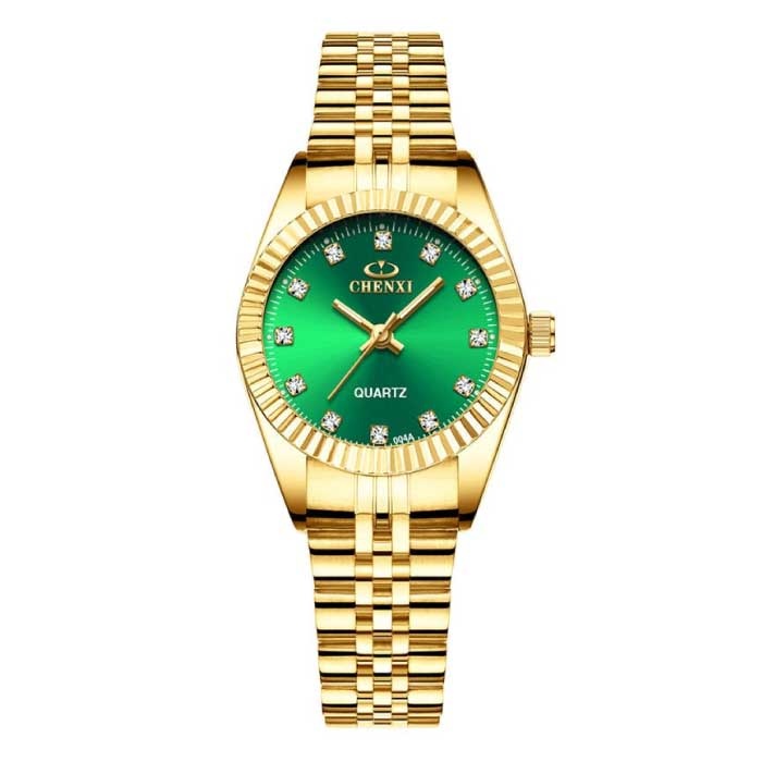 Orologio di lusso in oro per donna - Cinturino in acciaio inossidabile con strass impermeabile verde