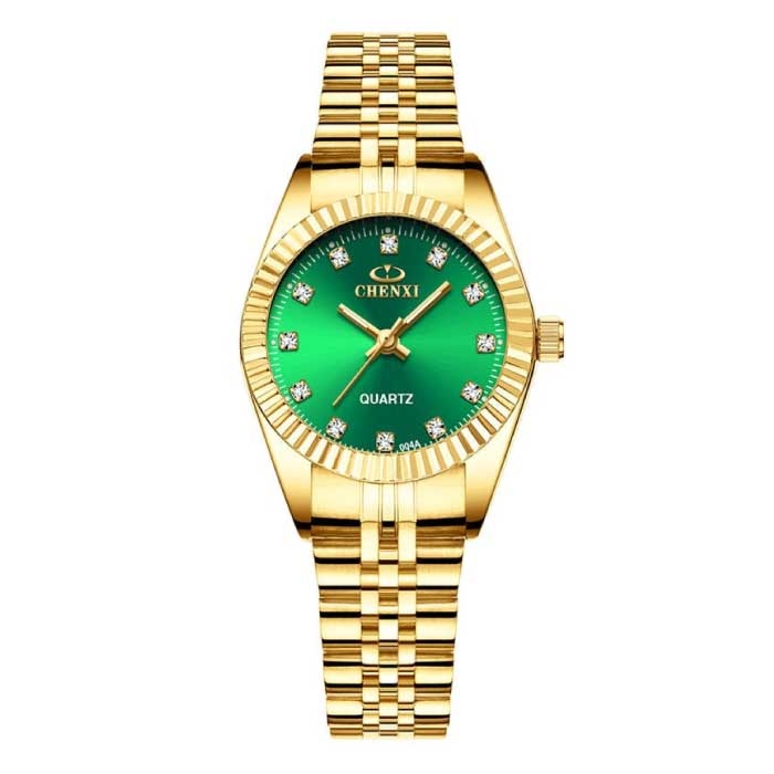Złoty luksusowy zegarek dla kobiet - wodoodporny zegarek z kryształu górskiego, bransoleta ze stali nierdzewnej, zielony
