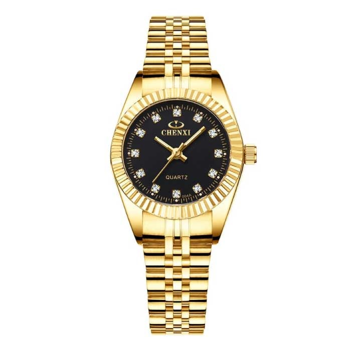 Gold Luxury Watch For Women - Waterproof Rhinestone Watch Stainless Steel Bracelet Black