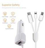 Beshya 3 in 1 USB Car Charger/Carcharger for iPhone Lightning / USB-C / Micro-USB with 2.1A Fast Charging - White