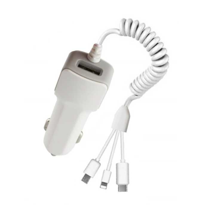 Cargador de coche USB 3 en 1 / Cargador de coche para iPhone Lightning / USB-C / Micro-USB con carga rápida 2.1A - Blanco