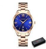 Curren Gouden Luxe Horloge voor Dames - Roestvrij Staal Armband 3 ATM Kwarts Polshorloge Blauw