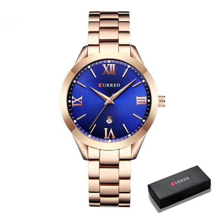 Gold Luxusuhr für Damen - Edelstahlarmband 3 ATM Quarz Armbanduhr Blau