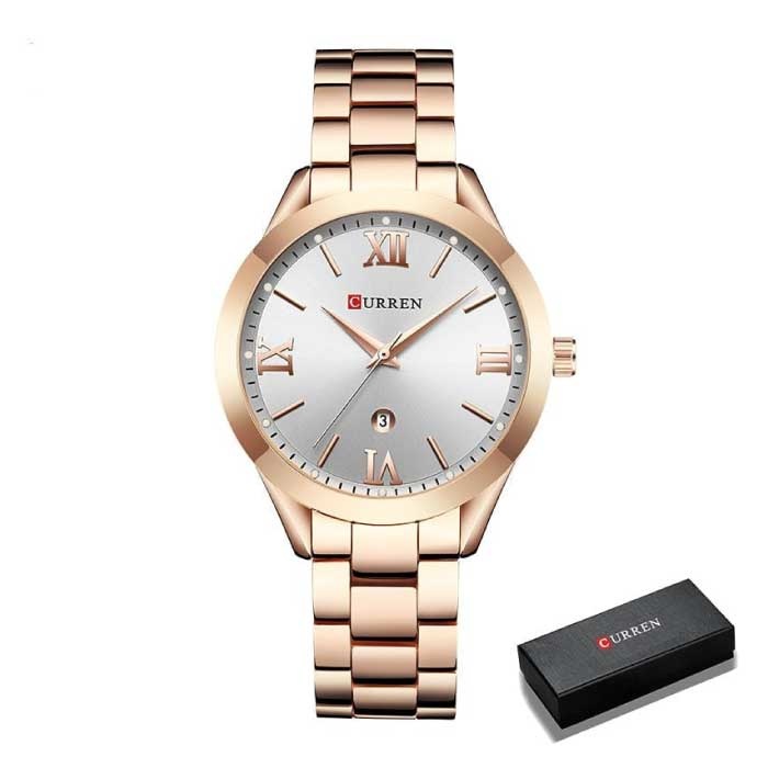 Gouden Luxe Horloge voor Dames - Roestvrij Staal Armband 3 ATM Kwarts Polshorloge Rose Gold Wit