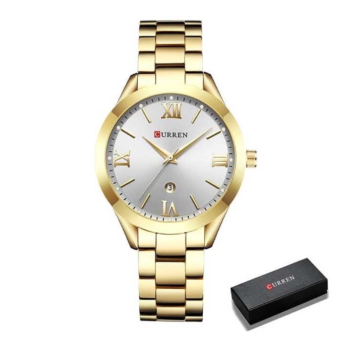 Gold Luxury Watch for Women - Stainless Steel Bracelet 3 ATM Quartz Wristwatch Gold White