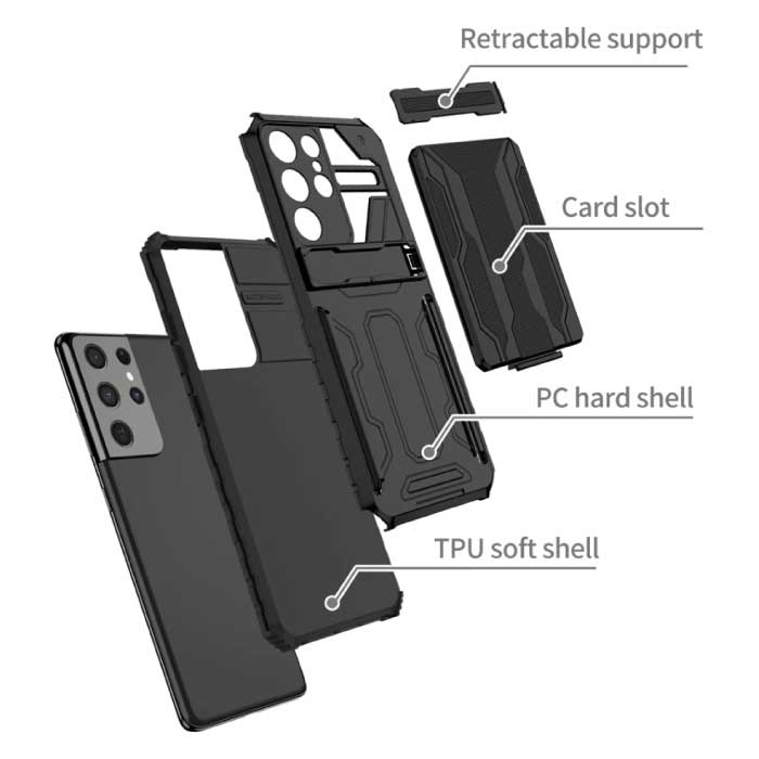 Samsung Galaxy S20 FE - Armor Card Slot Case with Kickstand - Wallet Cover Case Black