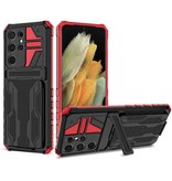 Lunivop Samsung Galaxy S21 Ultra - Armor Card Slot Case with Kickstand - Wallet Cover Case Red