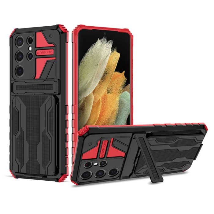 Samsung Galaxy S21 Ultra - Armor Card Slot Hoesje met Kickstand - Wallet Cover Case Rood