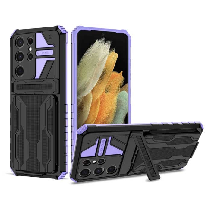 Samsung Galaxy S21 Plus - Armor Card Slot Case with Kickstand - Wallet Cover Case Purple