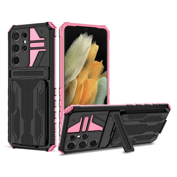 Samsung Galaxy S21 Plus - Armor Card Slot Case with Kickstand - Wallet Cover Case Pink