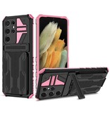 Lunivop Samsung Galaxy Note 20 - Armor Card Slot Case with Kickstand - Wallet Cover Case Pink