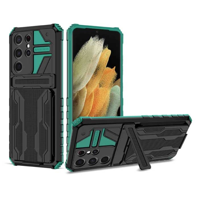 Samsung Galaxy A32 5G - Armor Card Slot Case with Kickstand - Wallet Cover Case Green