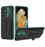 Lunivop Samsung Galaxy S21 FE - Armor Card Slot Case with Kickstand - Wallet Cover Case Green