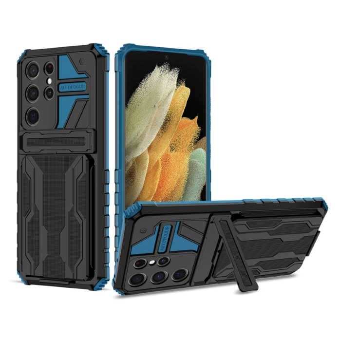 Samsung Galaxy S21 FE - Armor Card Slot Case with Kickstand - Wallet Cover Case Blue