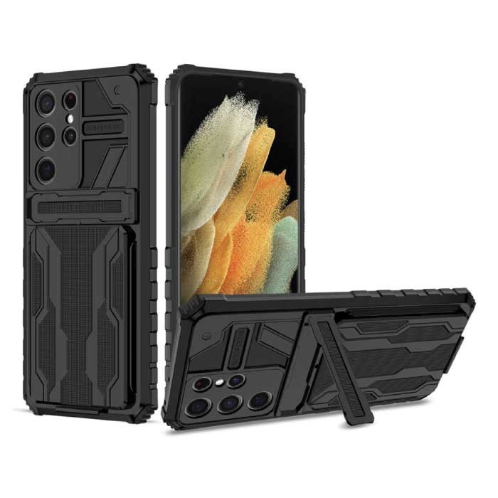 Samsung Galaxy A12 - Armor Card Slot Case with Kickstand - Wallet Cover Case Black