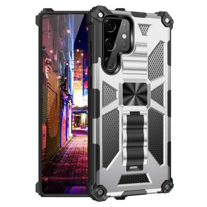 Samsung Galaxy Note 10 Plus - Armor Hoesje met Kickstand en Magneet - Shockproof Cover Case Bescherming Zilver