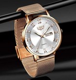 Lige Ultradun Luxe Horloge voor Dames - Kalender Kwarts Roestvrij Staal Waterdicht Horloge Rose Gold Wit