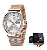 Lige Reloj de lujo ultrafino para mujer - Calendario Cuarzo Acero inoxidable Reloj resistente al agua Oro rosa Blanco