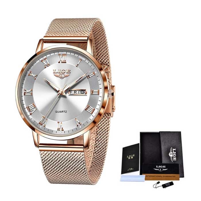 Reloj de lujo ultrafino para mujer - Calendario Cuarzo Acero inoxidable Reloj resistente al agua Oro rosa Blanco