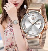Lige Ultradun Luxe Horloge voor Dames - Kalender Kwarts Roestvrij Staal Waterdicht Horloge Rose Gold Blauw