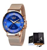 Lige Ultra-thin Luxury Watch for Women - Calendar Quartz Stainless Steel Waterproof Watch Rose Gold Blue