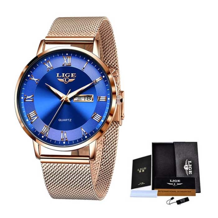 Reloj de lujo ultrafino para mujer - Calendario Cuarzo Acero inoxidable Reloj resistente al agua Oro rosa Azul