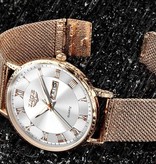 Lige Ultradun Luxe Horloge voor Dames - Kalender Kwarts Roestvrij Staal Waterdicht Horloge Rose Gold Zwart