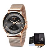 Lige Montre de Luxe Ultra-Plate pour Femme - Calendrier Quartz Acier Inoxydable Montre Étanche Or Rose Noir