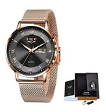 Lige Ultradun Luxe Horloge voor Dames - Kalender Kwarts Roestvrij Staal Waterdicht Horloge Rose Gold Zwart