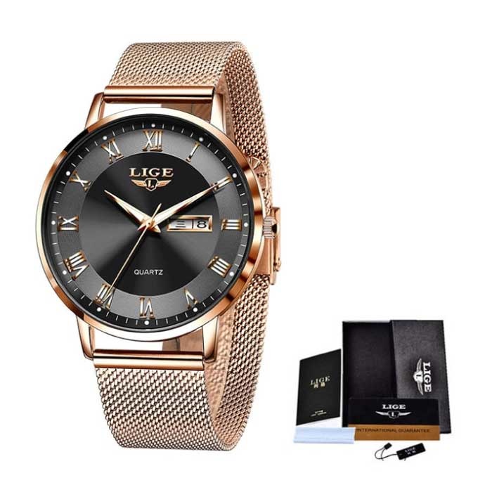 Orologio di lusso ultrasottile per donna - Orologio al quarzo con calendario impermeabile in acciaio inossidabile oro rosa nero