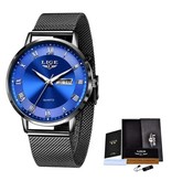 Lige Ultra-thin Luxury Watch for Women - Calendar Quartz Stainless Steel Waterproof Watch Black Blue