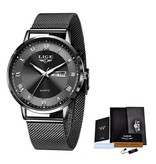 Lige Reloj de lujo ultrafino para mujer - Calendario Cuarzo Acero inoxidable Reloj resistente al agua Negro