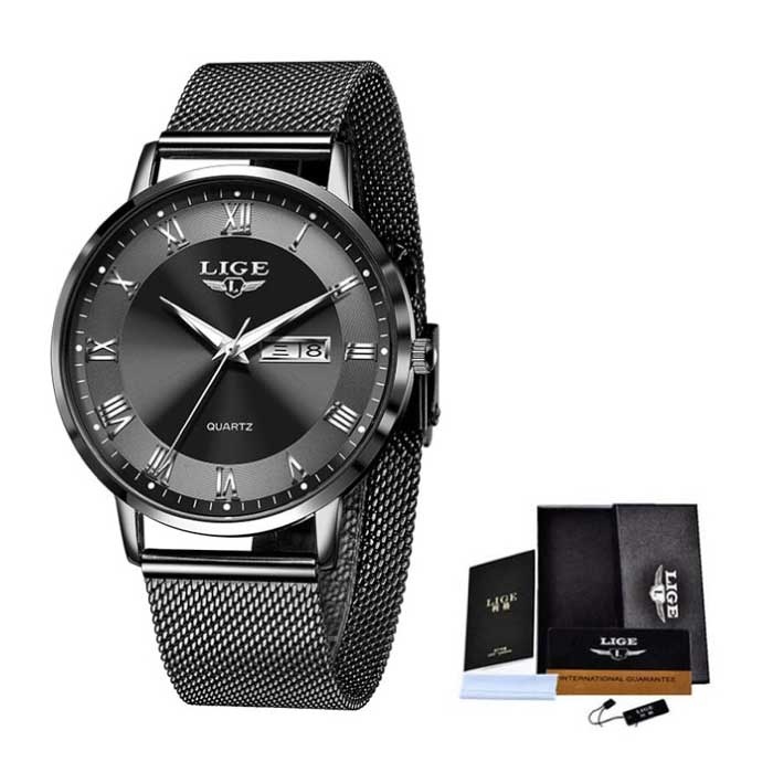 Reloj de lujo ultrafino para mujer - Calendario Cuarzo Acero inoxidable Reloj resistente al agua Negro