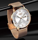 Lige Ultradun Luxe Horloge voor Dames - Kalender Kwarts Roestvrij Staal Waterdicht Horloge Goud Wit