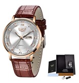 Lige Ultra-thin Luxury Watch for Women - Calendar Quartz Stainless Steel Waterproof Watch Gold White