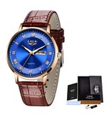 Lige Ultra-thin Luxury Watch for Women - Calendar Quartz Stainless Steel Waterproof Watch Gold Blue