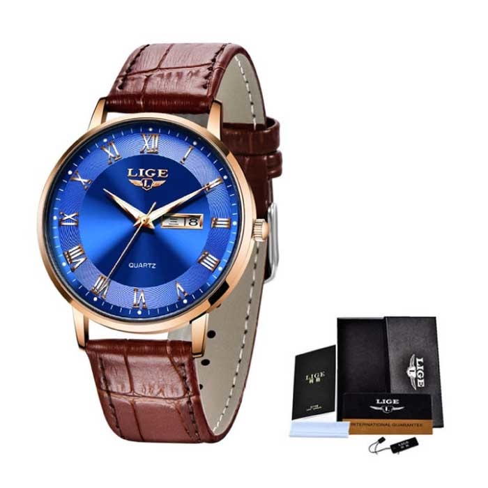 Reloj de lujo ultrafino para mujer - Calendario Cuarzo Acero inoxidable Reloj resistente al agua Dorado Azul