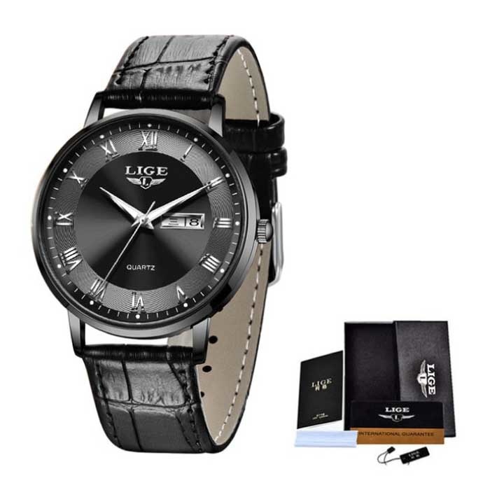 Montre de Luxe Ultra-Plate pour Femme - Calendrier Quartz Acier Inoxydable Montre Étanche Noir