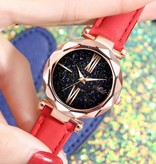 Stuff Certified® Minimalistyczny zegarek Starry Sky dla kobiet - modny skórzany pasek na co dzień kwarcowy czerwony