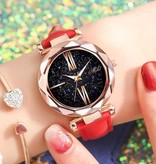 Stuff Certified® Reloj Minimalista Starry Sky para Mujer - Moda Casual Correa de Cuero Cuarzo Rojo