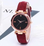 Stuff Certified® Minimalist Watch Starry Sky for Women - Fashion Casual Leather Strap Quartz Red