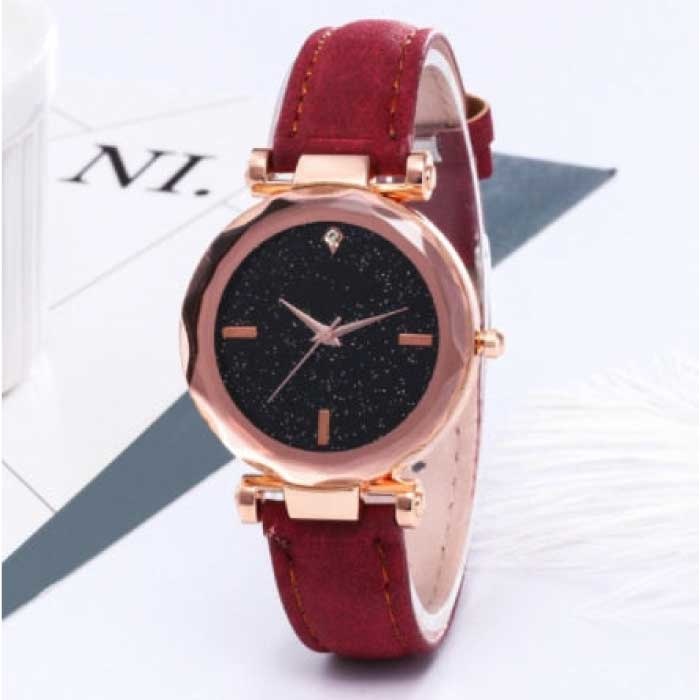 Minimalist Watch Starry Sky for Women - Fashion Casual Leather Strap Quartz Red