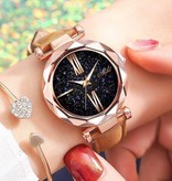 Stuff Certified® Reloj Minimalista Starry Sky para Mujer - Moda Casual Correa de Cuero Cuarzo Café Marrón