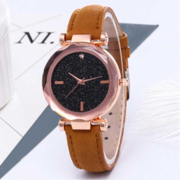 Montre Minimaliste Starry Sky pour Femme - Mode Décontractée Bracelet Cuir Quartz Café Marron