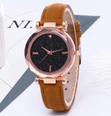 Stuff Certified® Minimalistisch Horloge Sterrenhemel voor Dames - Modieus Casual Leren Bandje Kwarts Roze