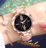 Stuff Certified® Montre Minimaliste Starry Sky pour Femme - Mode Décontractée Bracelet Cuir Quartz Rose