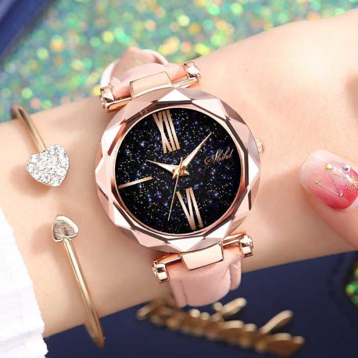 Minimalist Watch Starry Sky for Women - Fashion Casual Leather Strap Quartz Pink