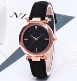 Stuff Certified® Minimalistisch Horloge Sterrenhemel voor Dames - Modieus Casual Leren Bandje Kwarts Roze