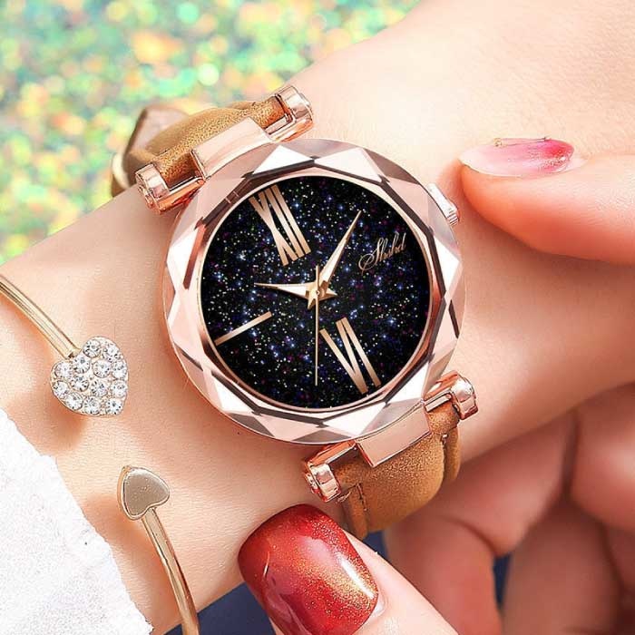 Orologio minimalista Starry Sky da donna - Cinturino in pelle casual alla moda al quarzo marrone