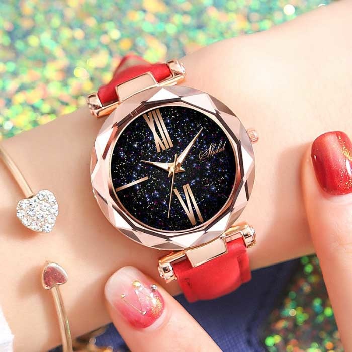 Minimalist Watch Starry Sky for Women - Fashion Casual Leather Strap Quartz Light Red